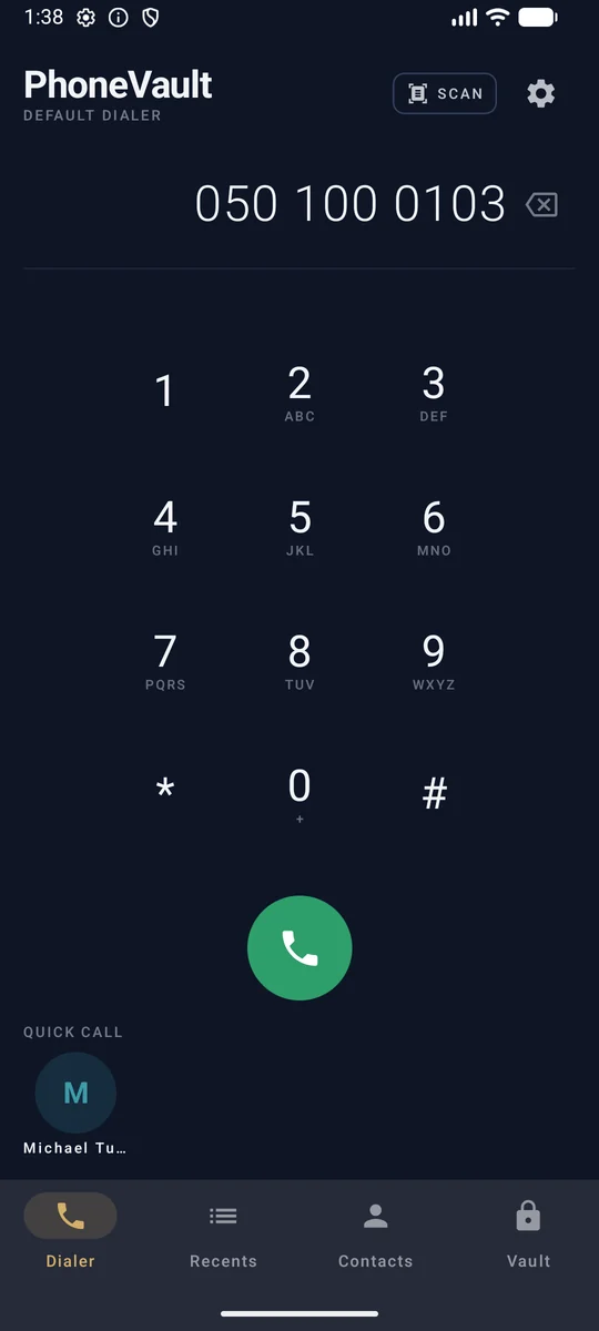 PhoneVault dialer screen with the number formatting as it is typed