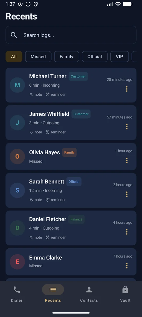 PhoneVault Recents screen with category chips, note and reminder indicators
