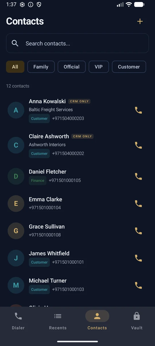 PhoneVault contacts merging the phone book with the private CRM directory, badged CRM ONLY