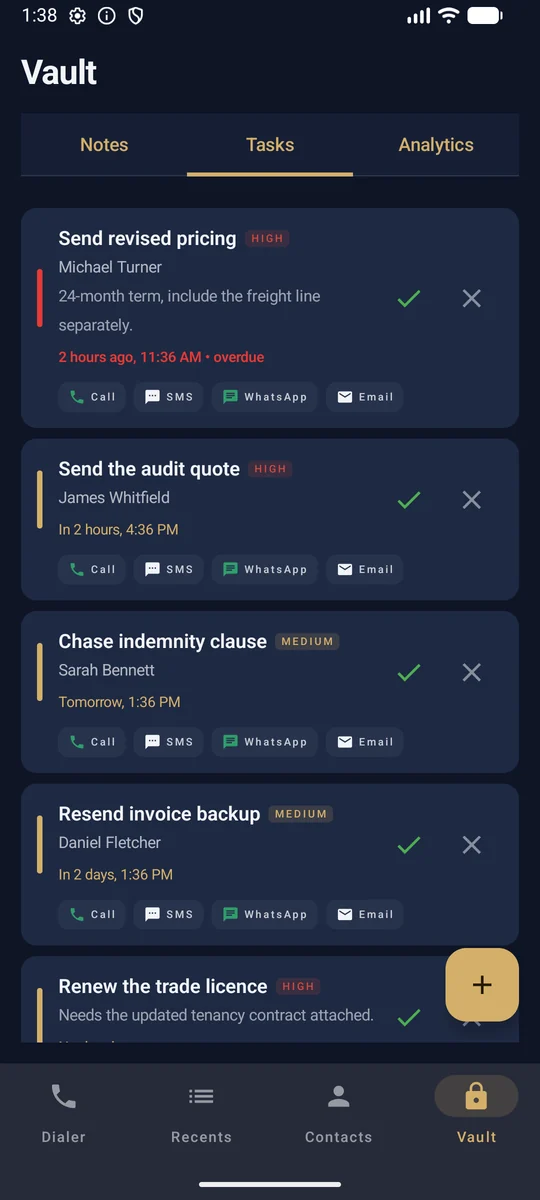 PhoneVault tasks with priorities, overdue state and inline Call, SMS, WhatsApp, Email actions
