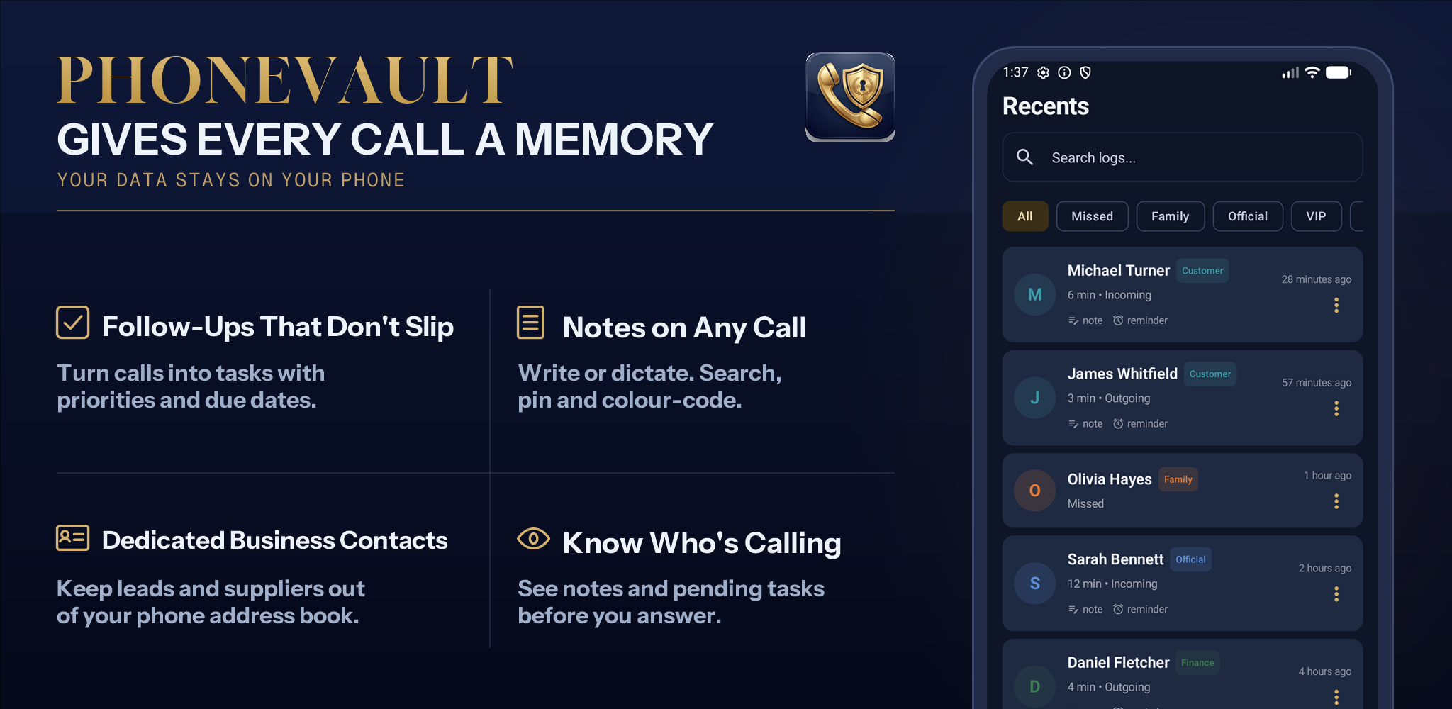 PhoneVault feature graphic — follow-ups that don't slip, notes on any call, dedicated business contacts, and caller preview, beside the Recents screen